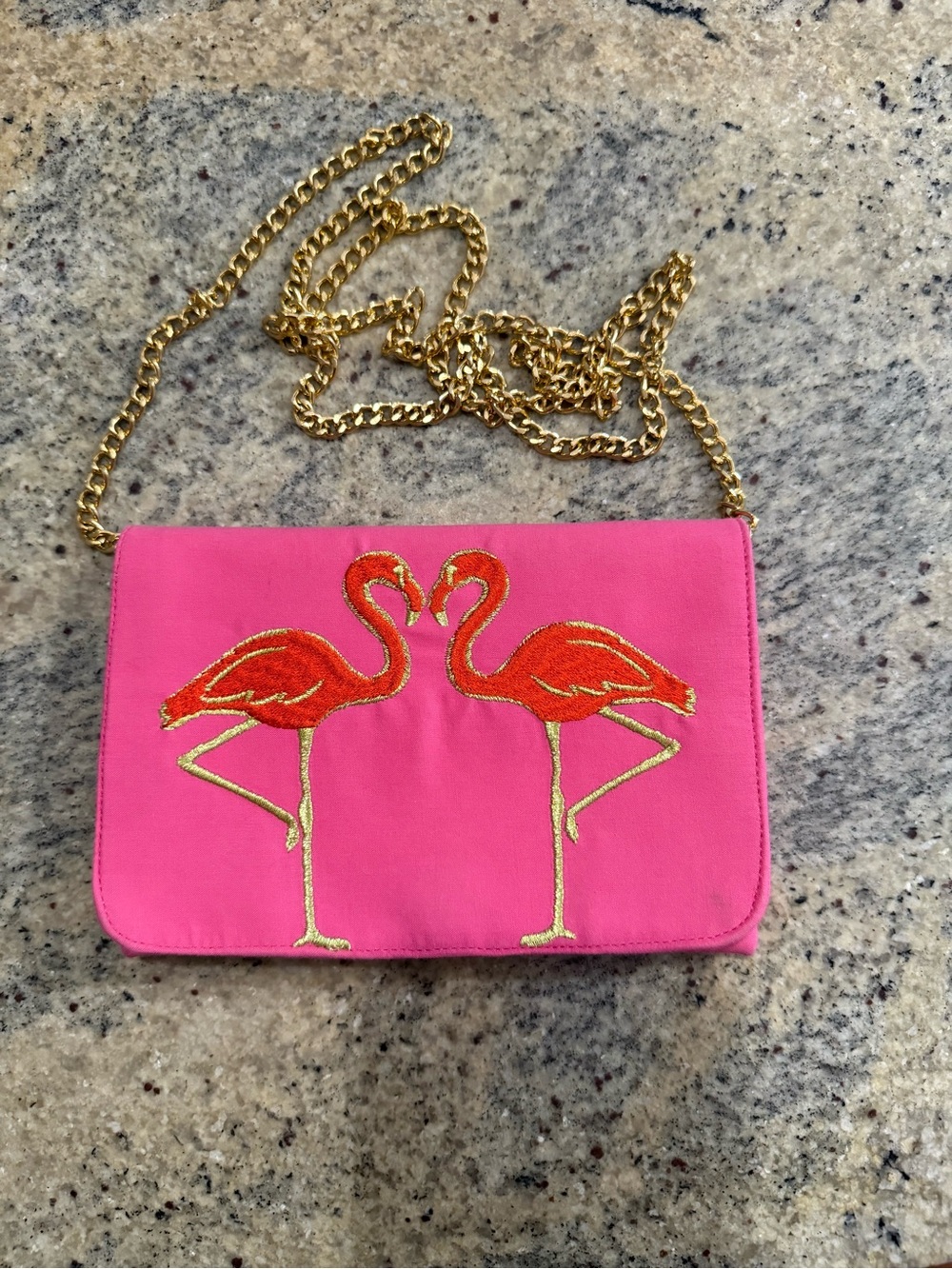Shiraleah Hot Pink Flamingo Embroidered Crossbody with Gold Chain